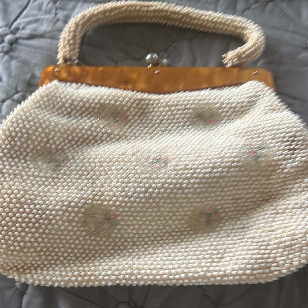 Vintage Cream Beaded Women's Bag with pink embroidered flowers